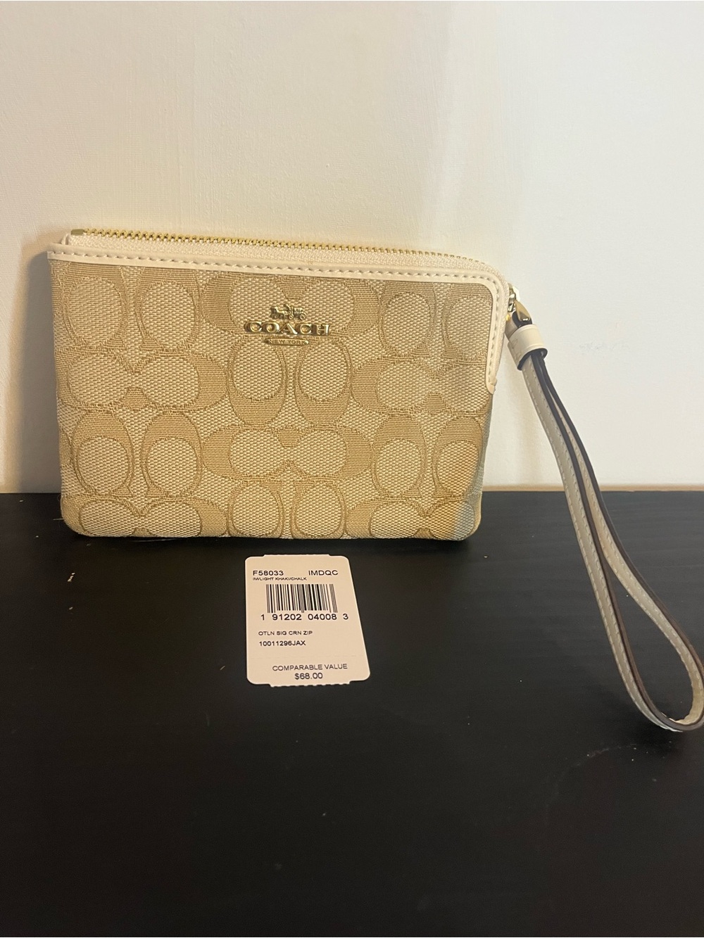 Coach Tan Signature Canvas Zip Wristlet with Cream Trim